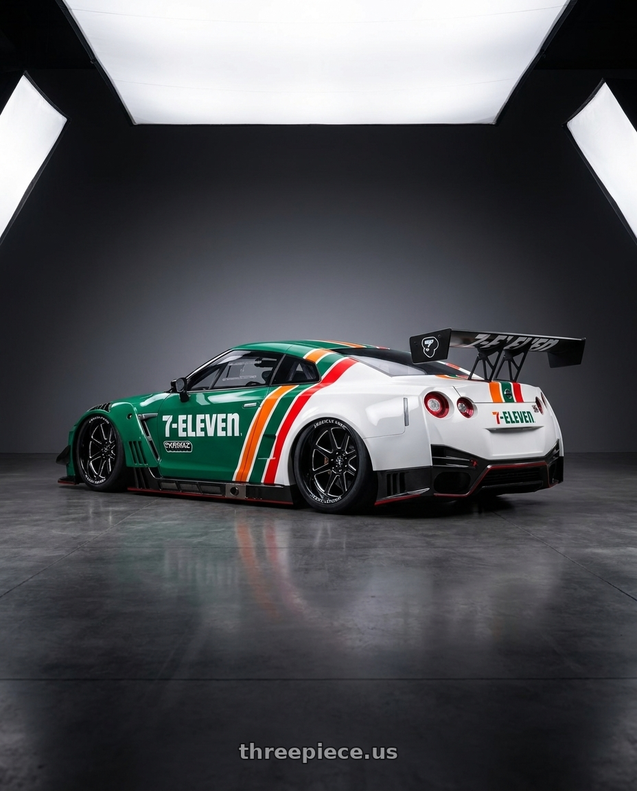 2025 NISSAN GT-R NISMO GT3(TARMAC WORKS × 7-ELEVEN TAIWAN 7-11限定紀念車) with American Force AC002 Trail 6X135 20X10 -18 GLOSS BLACK MILLED wheels rear three quarter view slight stretch tires