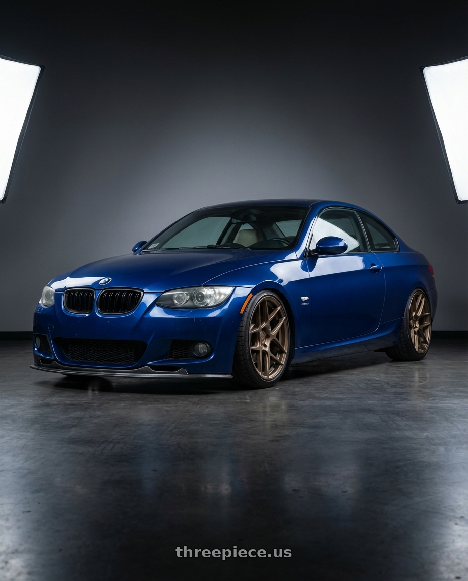 2011 BMW 335I Coupe Le Mans Blue with Aodhan AFF2 5x114.3 19x8.5+35 Matte Bronze wheels rear three quarter view slight stretch tires