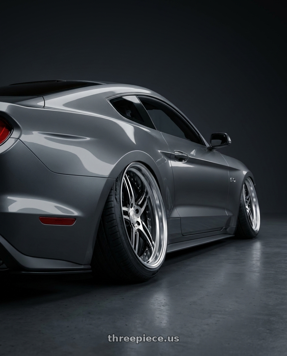 2018 Ford Mustang GT with DURANDAL DD5.2 BLACK POLISHED 5x100 19x10.5 +85MM wheels rear three quarter view extreme stretch tires