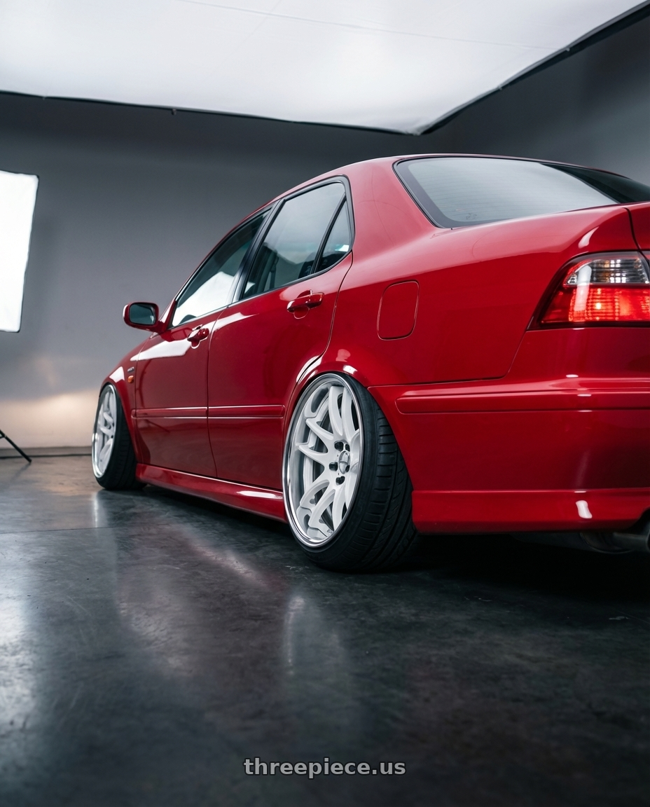 2000 Honda Torneo Euro R with Work Cr 2P 4x100 17x10.0 +45 Gloss White wheels rear three quarter view extreme stretch tires