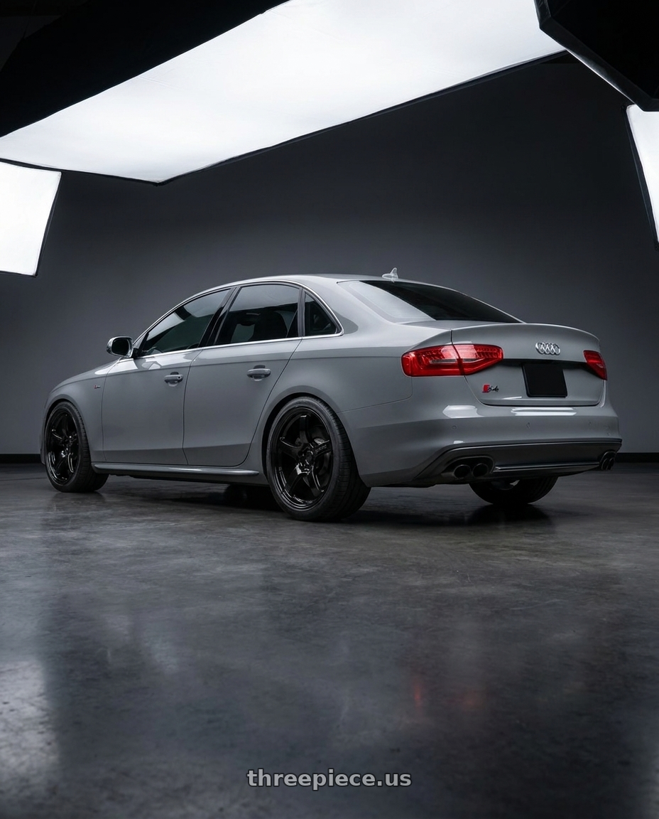 2015 Audi S4 B8.5 with Gram Lights 57CR 5x112 19x10.5+22 Glossy Black wheels rear three quarter view square tires