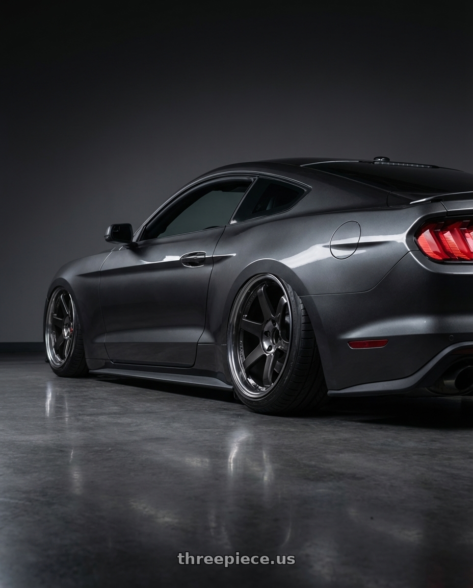 2020 ecoboost Mustang  with Volk Racing TE37SL 5x114.3 19x10.5+12 Pressed Double Black wheels rear three quarter view square tires
