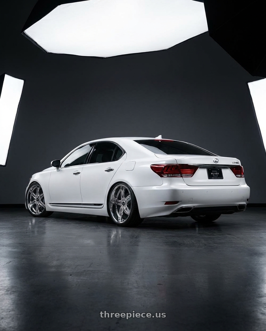 2011 Lexus LS460 with Blade Luxury BL-402 Pizarro 6x139.7 24x9.5 +18 Chrome wheels rear three quarter view square tires