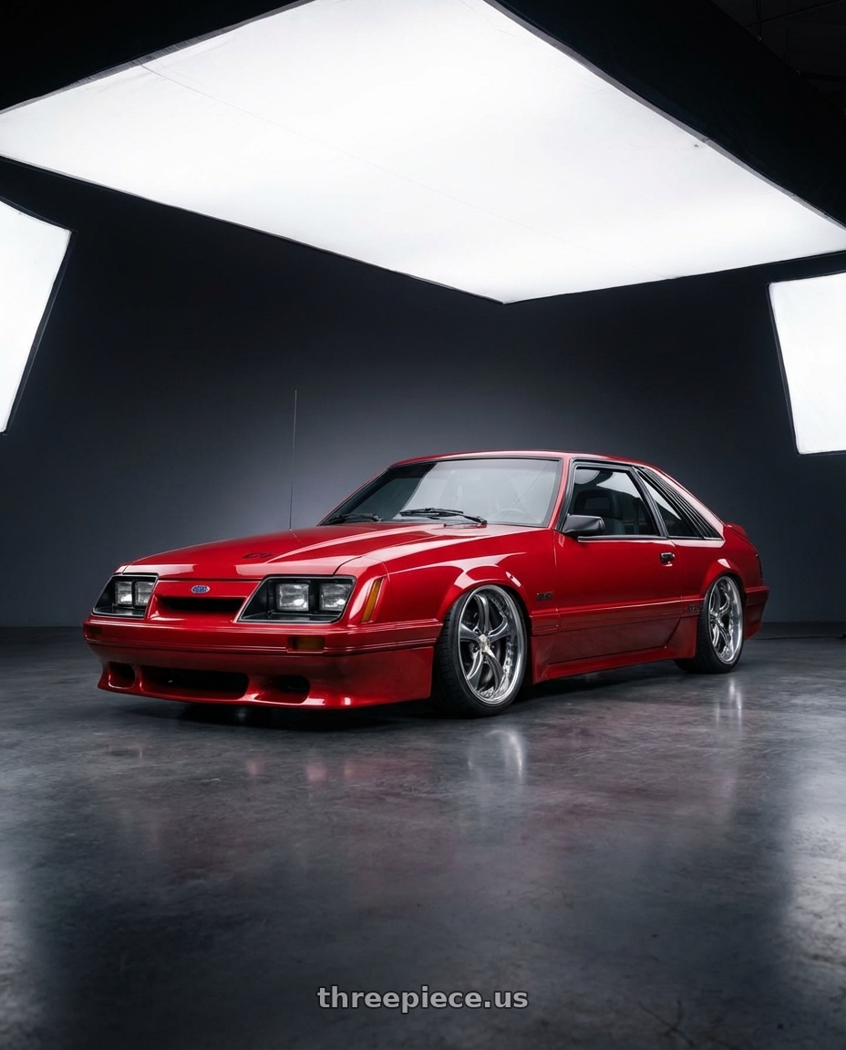 1986 Ford Mustang GT Rapid Red with Work Wheels VS-KF 5X114.3 19x8+40 Brilliant Silver Black A Disk FULL REVERSE wheels