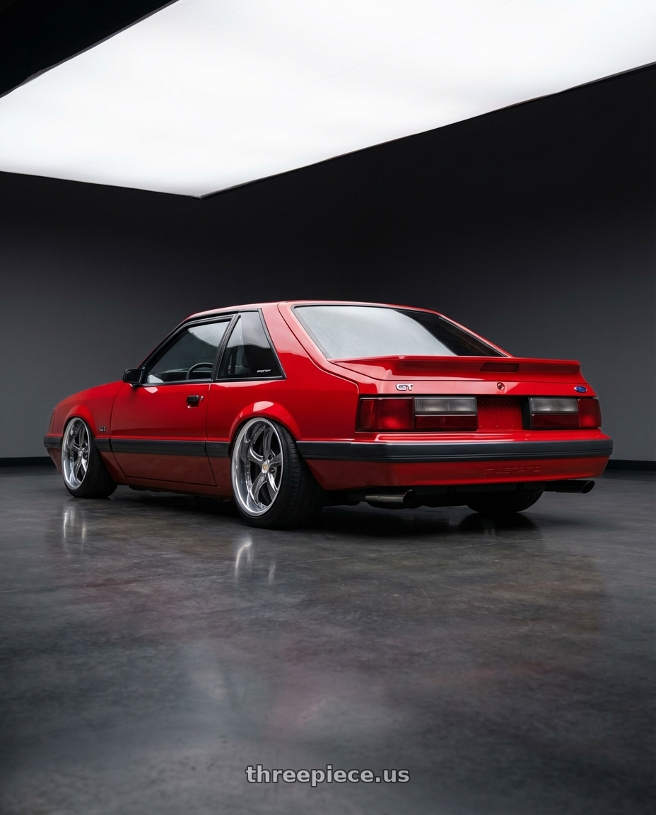 1986 Ford Mustang GT Rapid Red with Work Wheels VS-KF 5X114.3 19x8+40 Brilliant Silver Black A Disk FULL REVERSE wheels rear three quarter view slight stretch tires