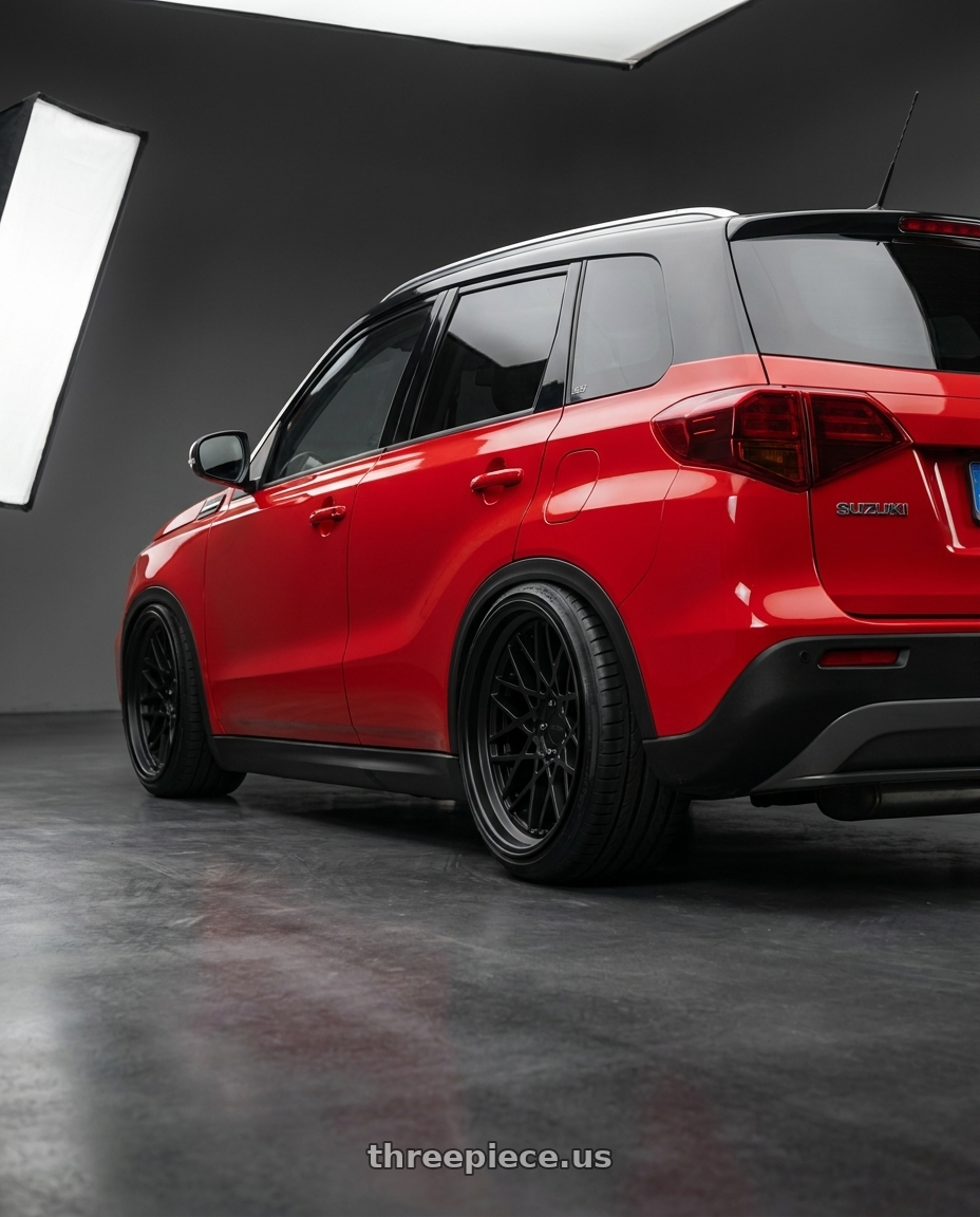 2024 Suzuki Vitara with Rotiform 1PC R112 BLQ 5X112 18X8.5 +35 MATTE BLACK wheels rear three quarter view extreme stretch tires