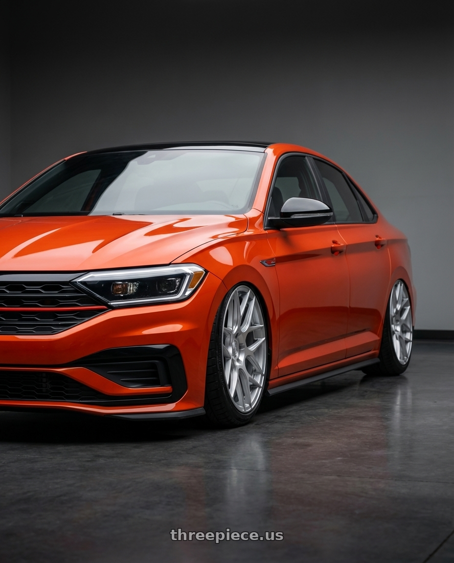 2023 Volkswagen Jetta GLI MK7 with Aodhan AFF2 5x112 19x9.5+35 Gloss Silver Machined Face wheels front three quarter view stanced stance