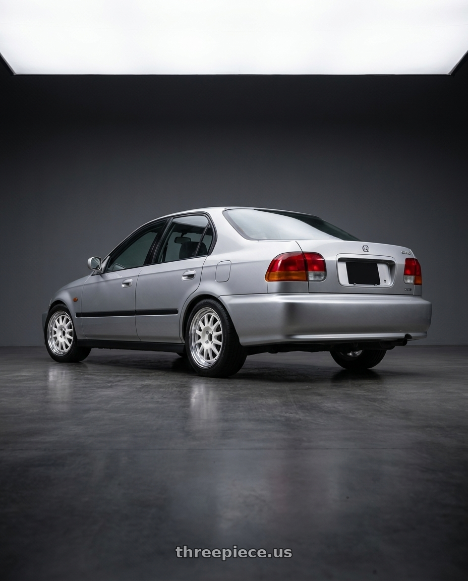 1999 honda civic with WedsSport Racing 2-Piece 4x100 15x7.0+38 White wheels rear three quarter view square tires