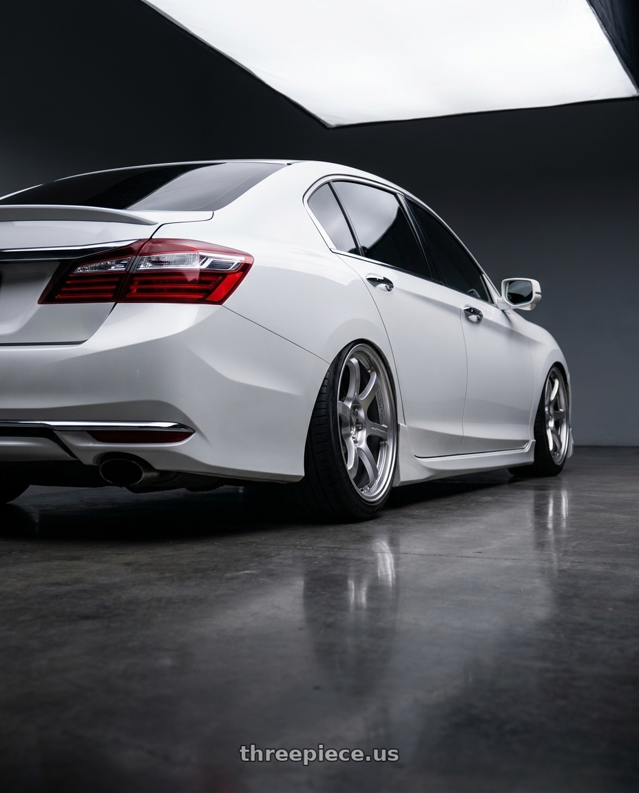 2016 Honda accord with Gram Lights 57DR 4x100 15x8+35 Grace Silver wheels rear three quarter view slight stretch tires