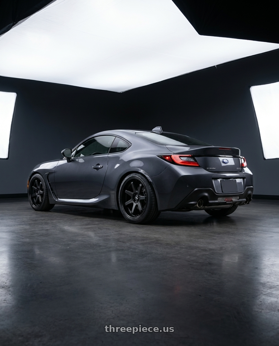2023 Subaru BRZ premium with F1R FC7 5x100 18x9.5 +35 Matte Black/Gloss Black Lip wheels rear three quarter view square tires
