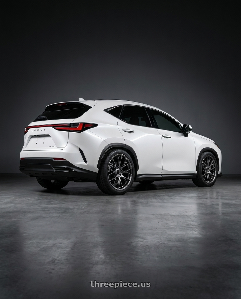 2023 Lexus NX200 white with Volk Racing G16 5x114.3 20x10 +35 BRIGHTENING METAL DARK wheels rear three quarter view square tires