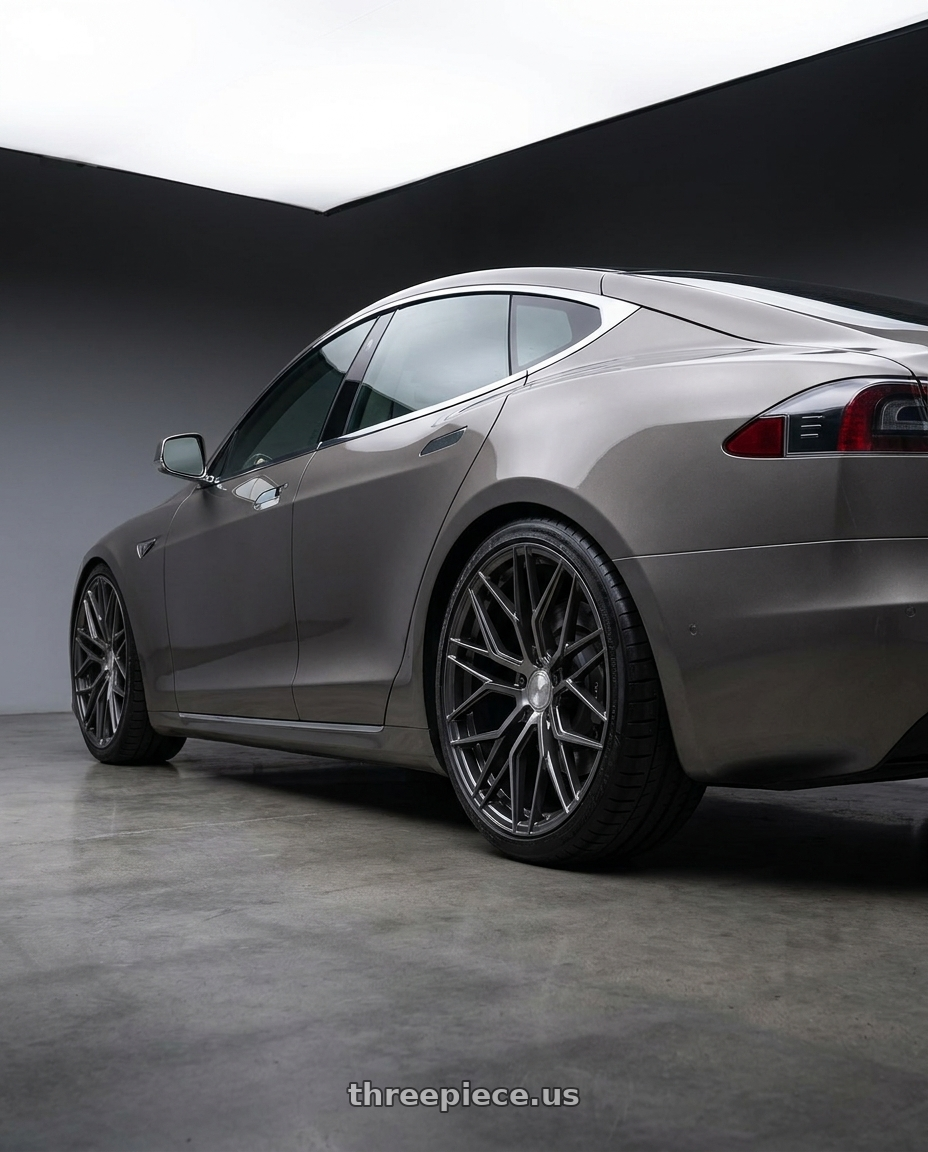 2018 Tesla Model S with Avant Garde Wheels M520R 5X120 21x12 +52 Dark Graphite Metallic wheels rear three quarter view square tires