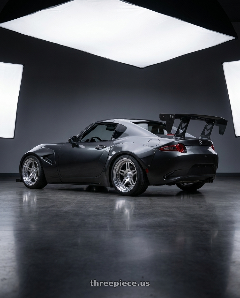 2023 Mazda miata with CCW SA52 4x100 17x9 +76 Polished wheels rear three quarter view square tires