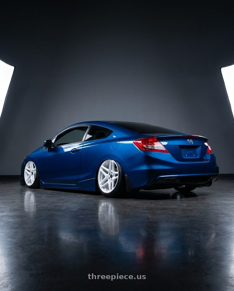 2012 civic honda coupe dyno blue with Heritage Wheel EBISU MonoC 5x100 18x9.5+22 White wheels rear three quarter view extreme stretch tires