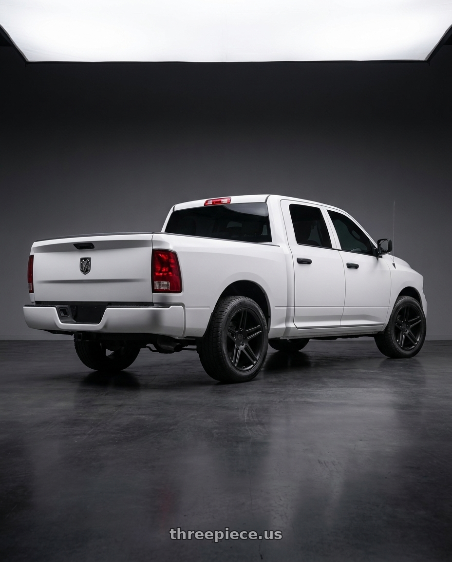 2016 Ram 1500 with Black Rhino SAFARI 5X139.7 22X10 +20 MATTE BLACK wheels rear three quarter view slight stretch tires