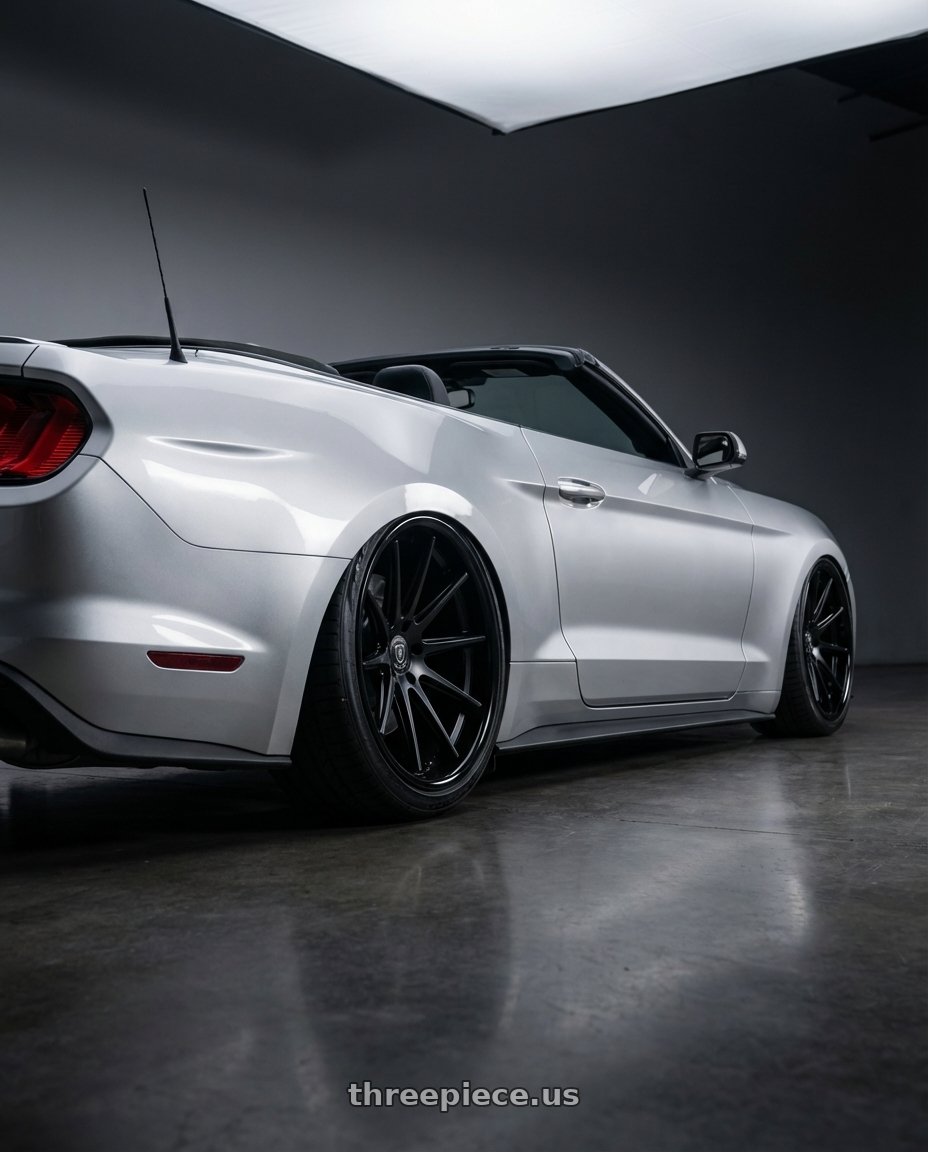 2018 ford mustang with Rohana RFC10 5x114.3 20x10+40 Matte Black/Gloss Black Lip wheels rear three quarter view slight stretch tires