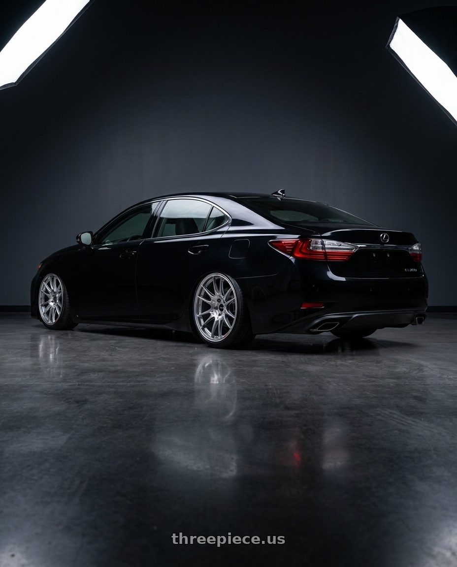 2017 Lexus ES 200 black with Enkei GTC02 5x114.3 18x8+35 Hyper Silver wheels rear three quarter view extreme stretch tires