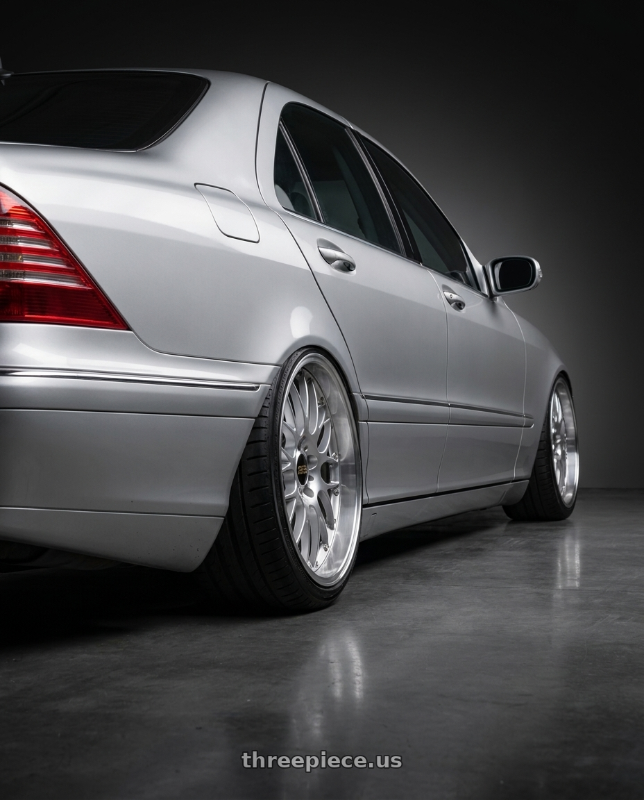 2003 Mercedes W220 with BBS RS-GT 5x112 20x10.0+22 Diamond Silver wheels rear three quarter view extreme stretch tires