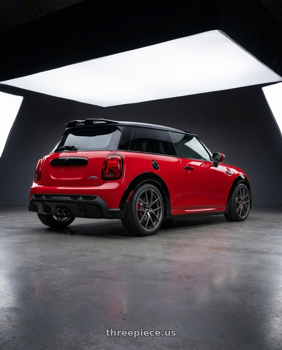 2025 mini jcw with BBS RI-A 5x112 18x9.0+38 Matte Gray wheels rear three quarter view square tires