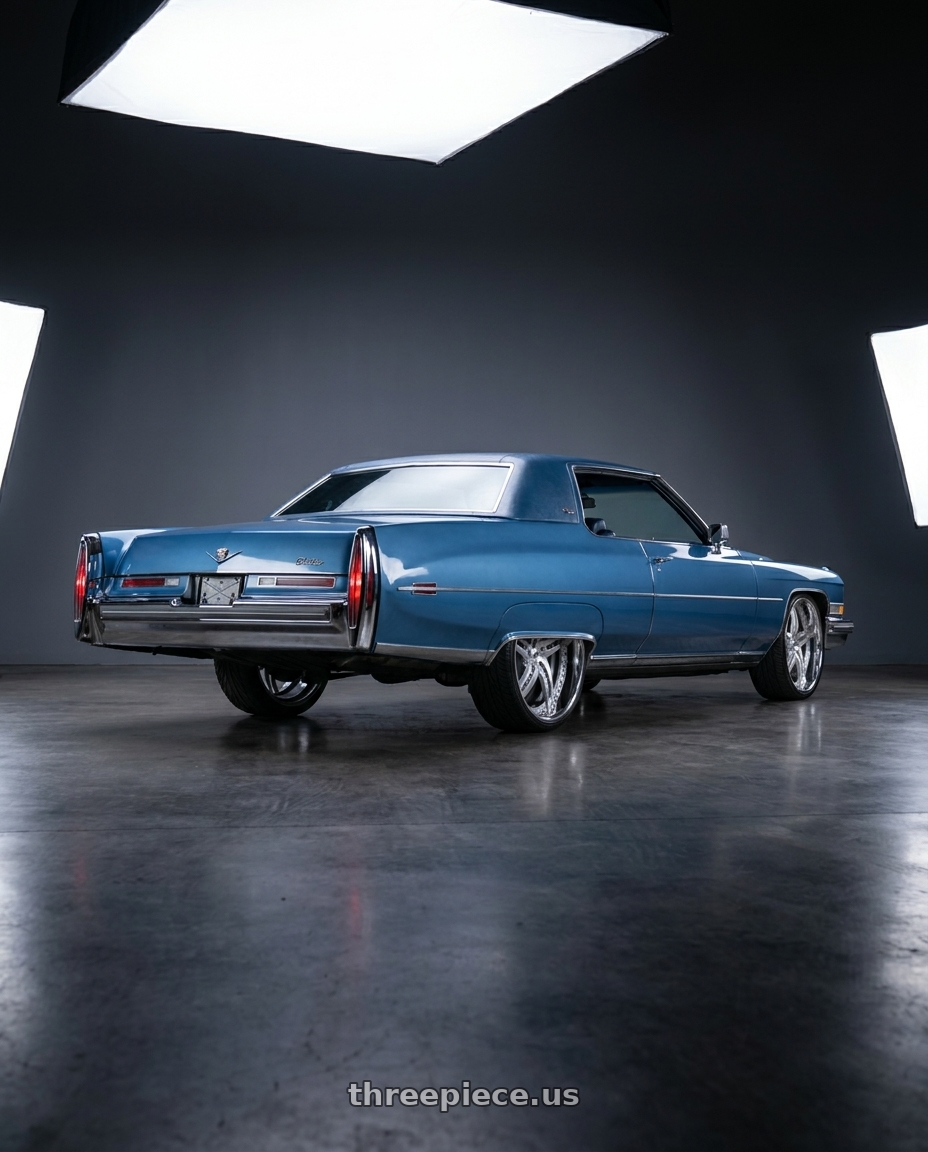 1973 Cadillac brougham  with Amani Monero 5x127 26x10 +5 Brush Center Chrome Lip wheels rear three quarter view extreme stretch tires