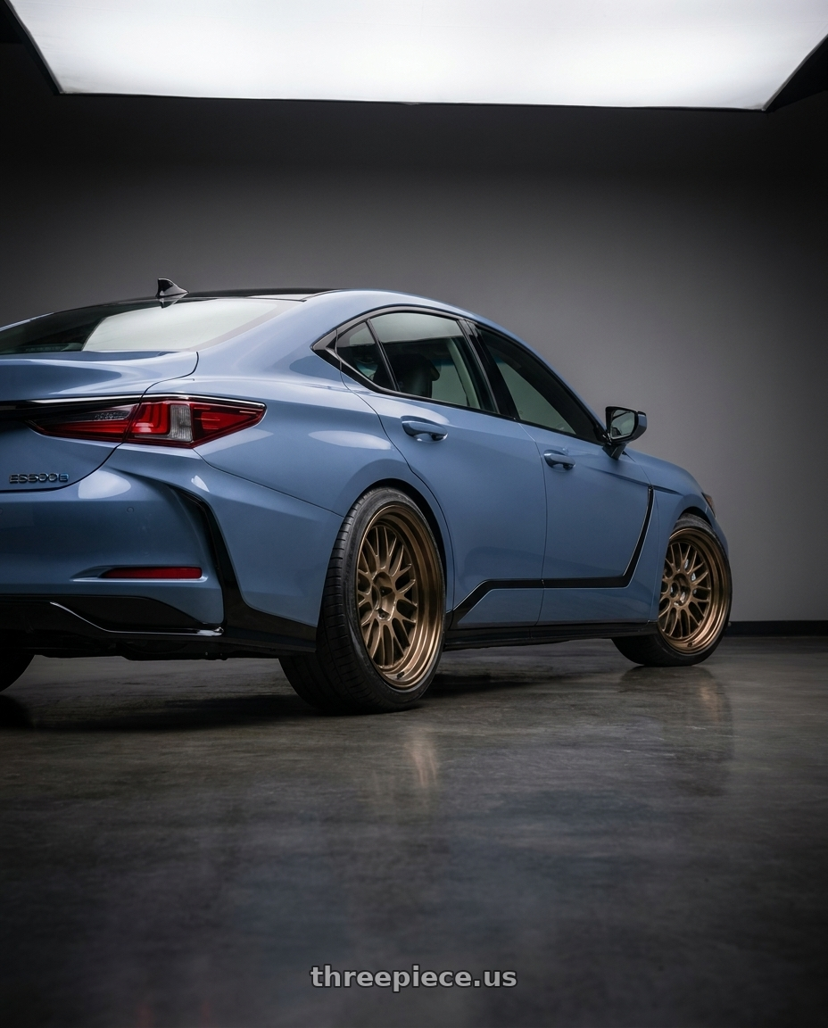 2027 LEXUS ES500e with Volk Racing 21A 5x114.3 18X10+0  Bronze wheels rear three quarter view slight stretch tires