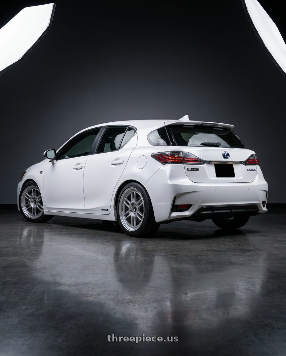2015 Lexus CT200h F sport with Enkei RPF1 5x100 18x8+35 Silver wheels rear three quarter view square tires