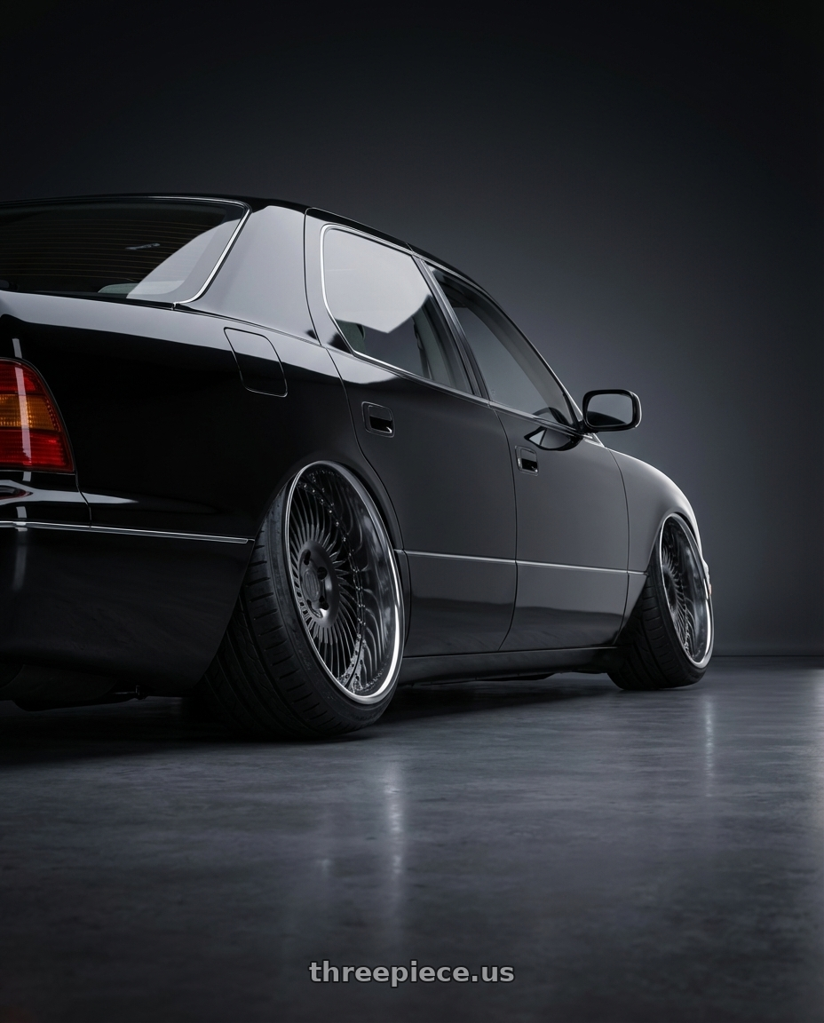 1996 celsior. black.  with Heritage Wheel SENDAI-DIR wheels rear three quarter view extreme stretch tires