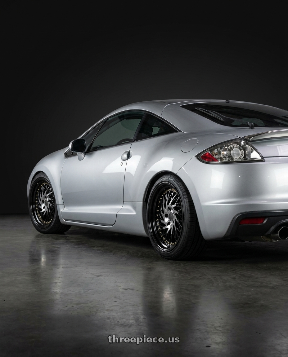 2010 Mitsubishi Eclipse with Aodhan DS03 5x114.3 18x9.5 +30 Black Vacuum w/ Gold Rivets wheels rear three quarter view square tires