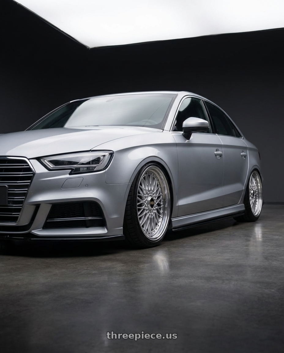 2015 Audi A3 Quattro with BBS Super 5x112 19x9 +28 Diamond Silver wheels front three quarter view lowered stance