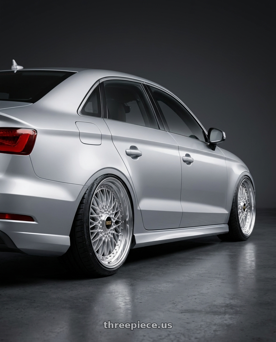2015 Audi A3 Quattro with BBS Super 5x112 19x9 +28 Diamond Silver wheels rear three quarter view extreme stretch tires