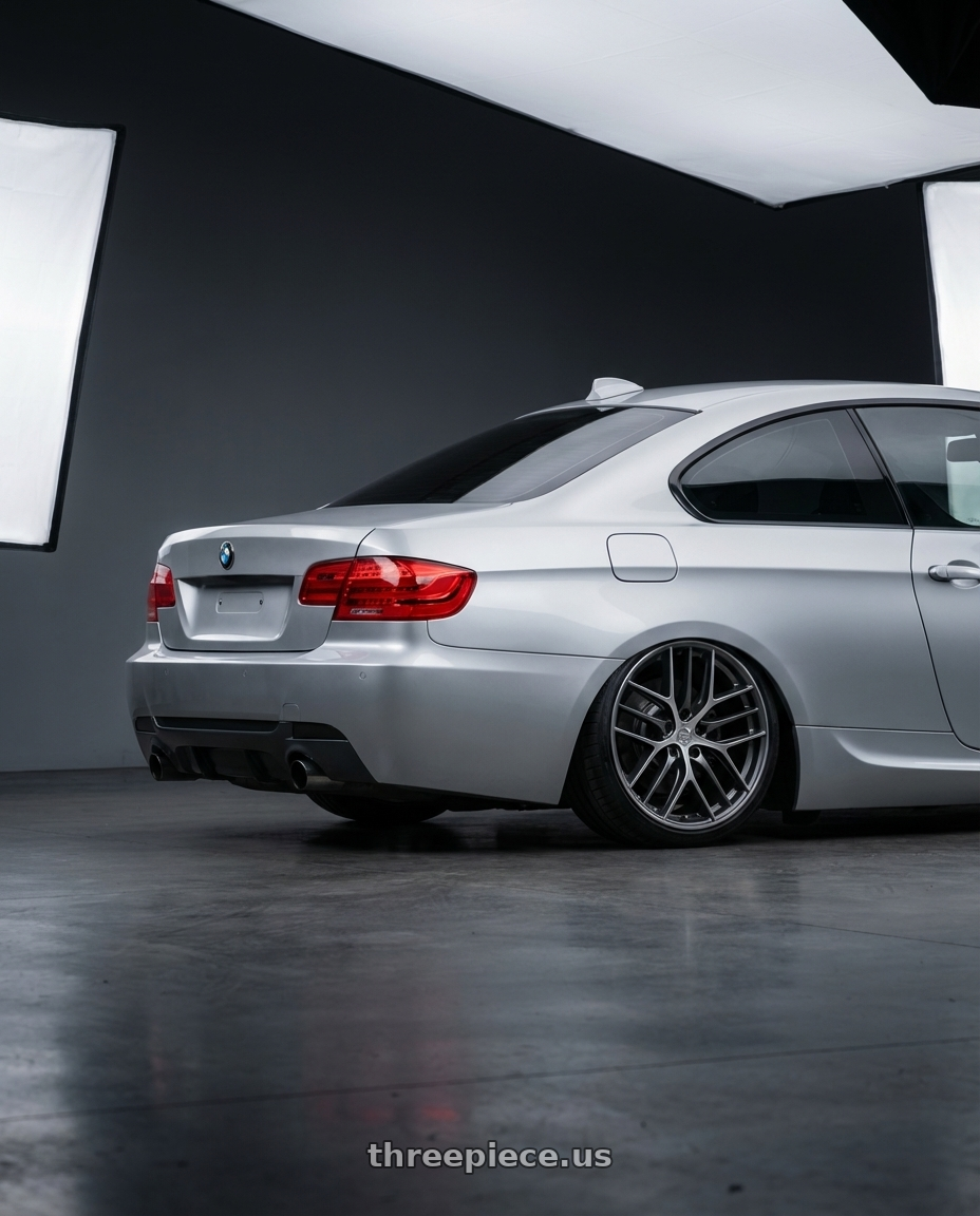 2012 BMW 3 Series E92 with BBS CC-R 5x120 19x9.5+40 Graphite w/ Diamond Cut Face wheels rear three quarter view slight stretch tires