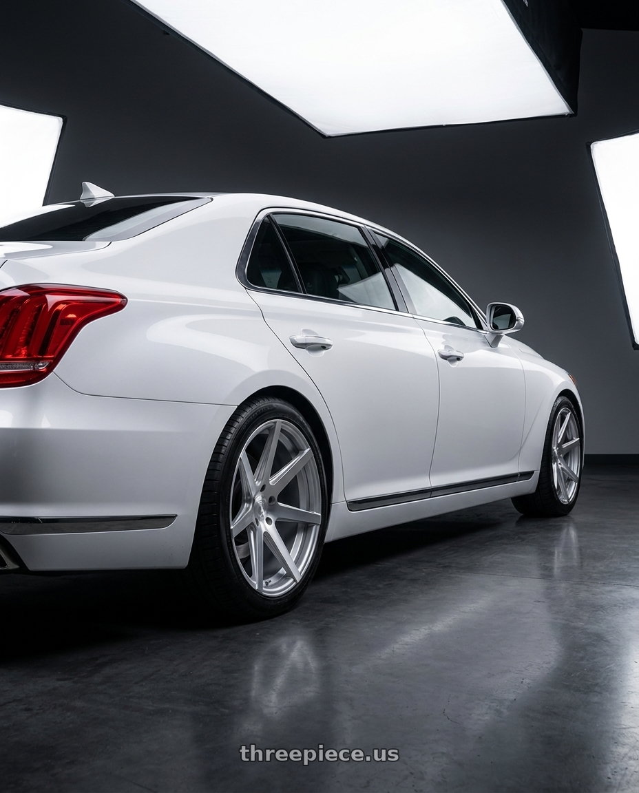 2018 genesis g90 ultimate with Rohana RC7 5x114.3 20x10+40 Machine Silver wheels rear three quarter view square tires