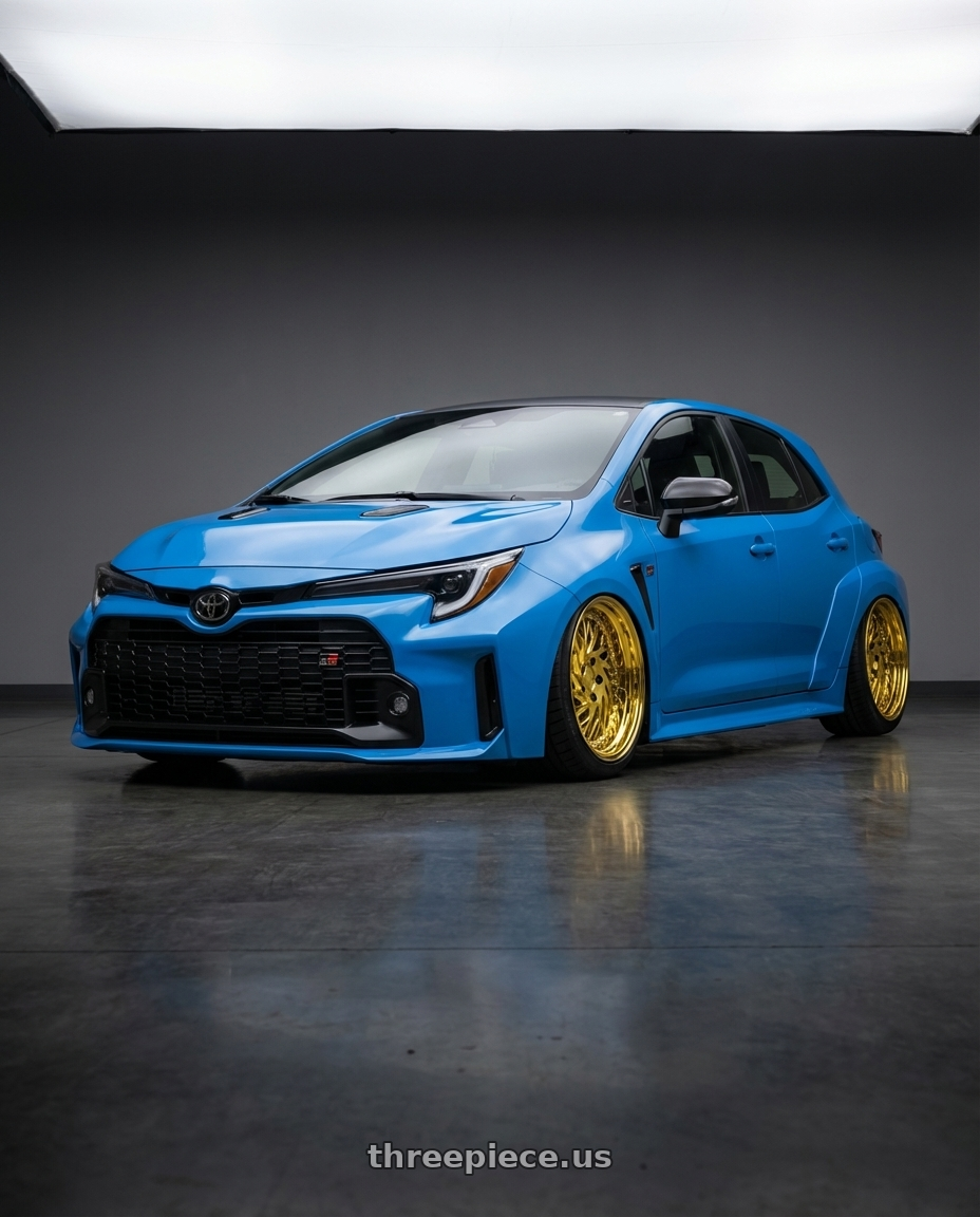 2024 Toyota GR Corolla with Aodhan DS03 5x114.3 18x9.5 +30 Gold Vacuum w/ Chrome Rivets wheels