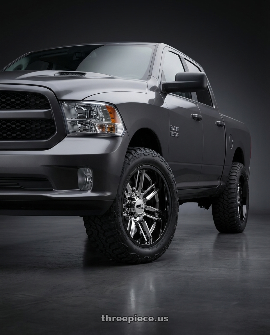 2024 Ram 1500 with Moto Metal MO202 6X139.7 22X10 -18 CHROME CENTER GLOSS BLACK MILLED LIP wheels