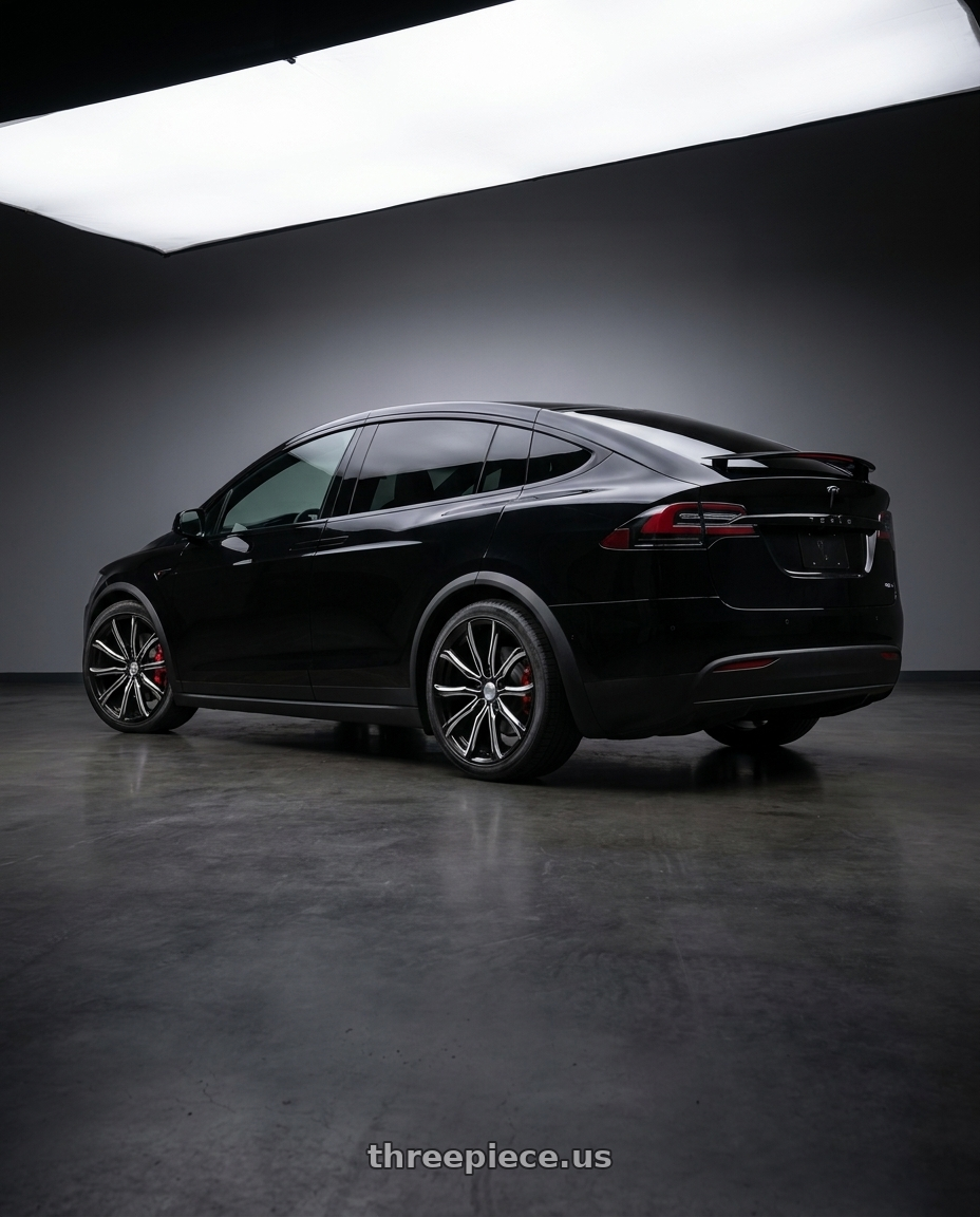 2018 TESLA MODEL X with ELURE 51 5X120 22x8 +38 BLACK AND MILLED wheels rear three quarter view square tires