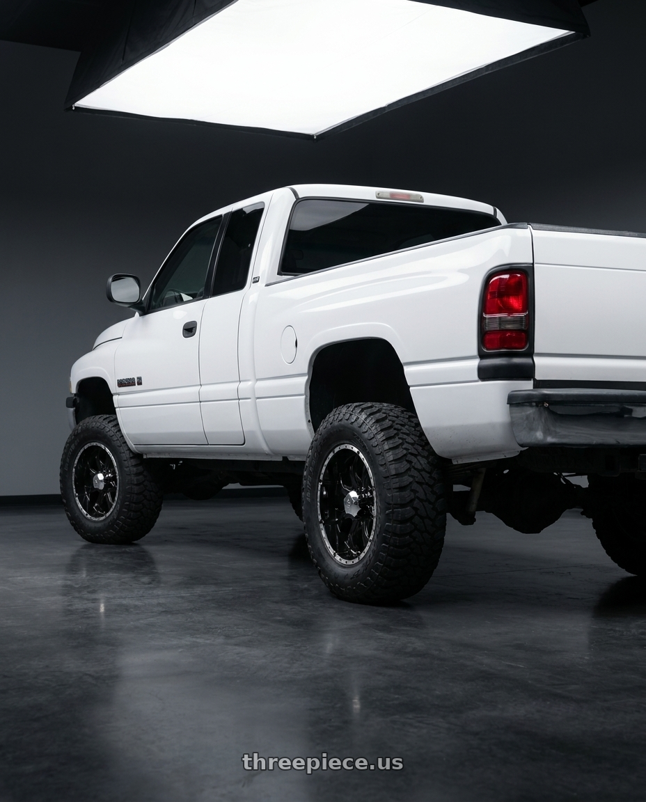 2001 ram 2500 with Helo HE791 MAXX 5X114.3 16X8 +0 GLOSS BLACK MACHINED wheels rear three quarter view meaty tires