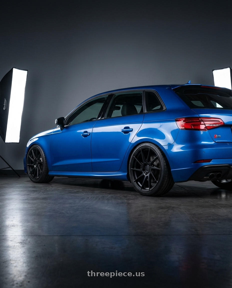 2019 Audi S3 8V with Aodhan AH09 5x112 18x8.5 +35 Matte Black wheels rear three quarter view square tires