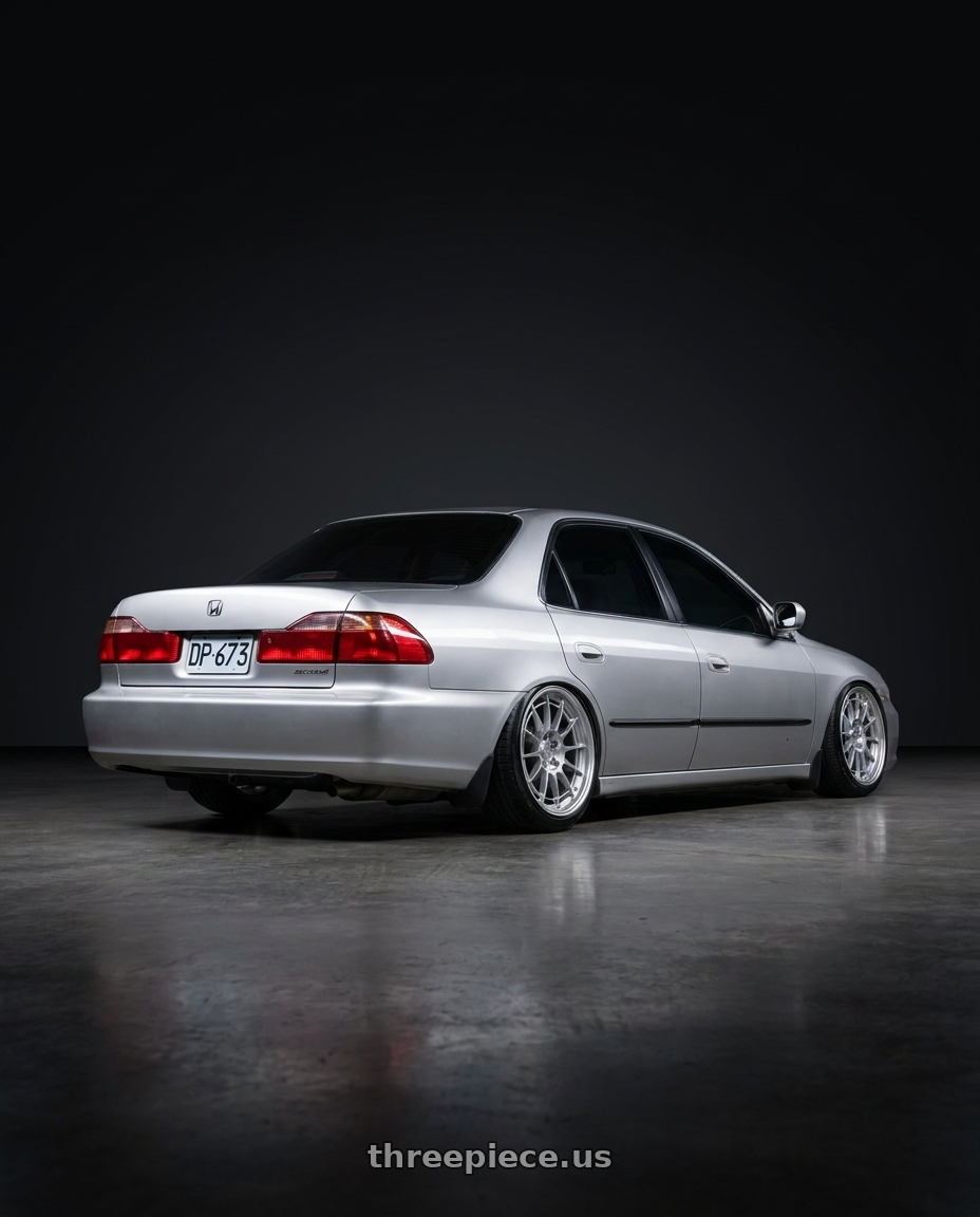 1999 Honda Accord with Enkei NT03+M 5x114.3 18x7.5+42 Hyper Silver wheels rear three quarter view extreme stretch tires