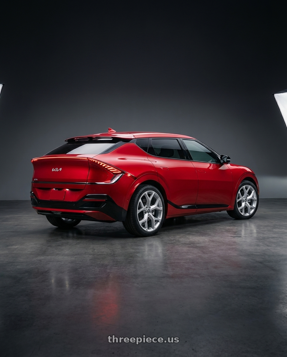 2024 kia ev6 with Xcess 5 Flake 5x114.3 20x8.5 +35 Silver Machined wheels rear three quarter view square tires