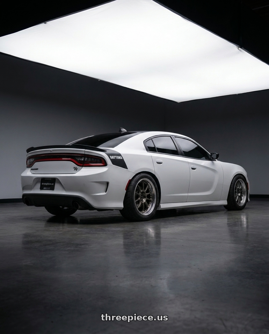 2021 dodge charger with SSR Professor SP5 5x115 20X9.5+18 SL Disk High Metal Bronze wheels rear three quarter view meaty tires