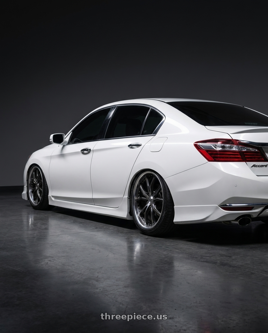 2016 Honda accord with Work Wheels VS-KF 5X114.3 19x7.5+27 Brilliant Silver Black O Disk FULL REVERSE wheels rear three quarter view slight stretch tires