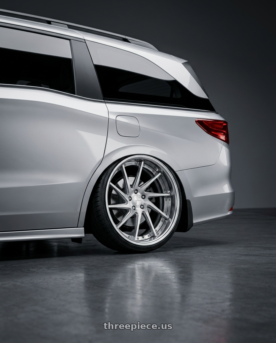 2024 Honda Odyssey  with Work Gnosis Cvs 5x120 20x8.5+45 O Disk Composite Buffed And Brushed wheels rear three quarter view extreme stretch tires