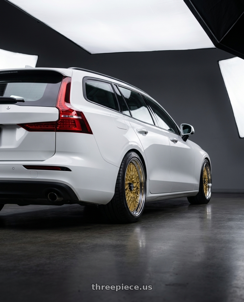 2020 Volvo V60 Momentum  with SSR Formula MESH 5x108 18X7.5+43 SL Disk Fm Gold wheels rear three quarter view square tires