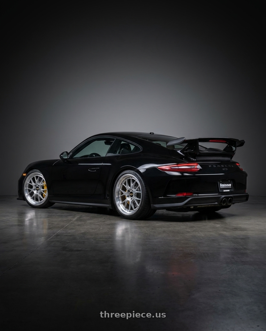 2019 Porsche gt3 with BBS LM-R 5x114.3 19x8.5+43 Diamond Silver wheels rear three quarter view square tires