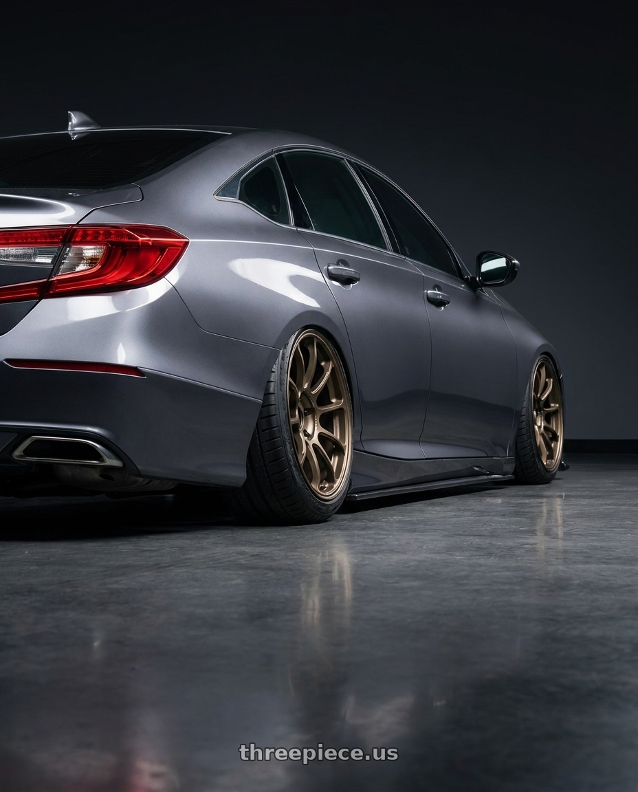 2019 Honda accord with Volk Racing ZE40 M-SPEC 5x114.3 19x10.5 +22 BRONZE wheels rear three quarter view meaty tires