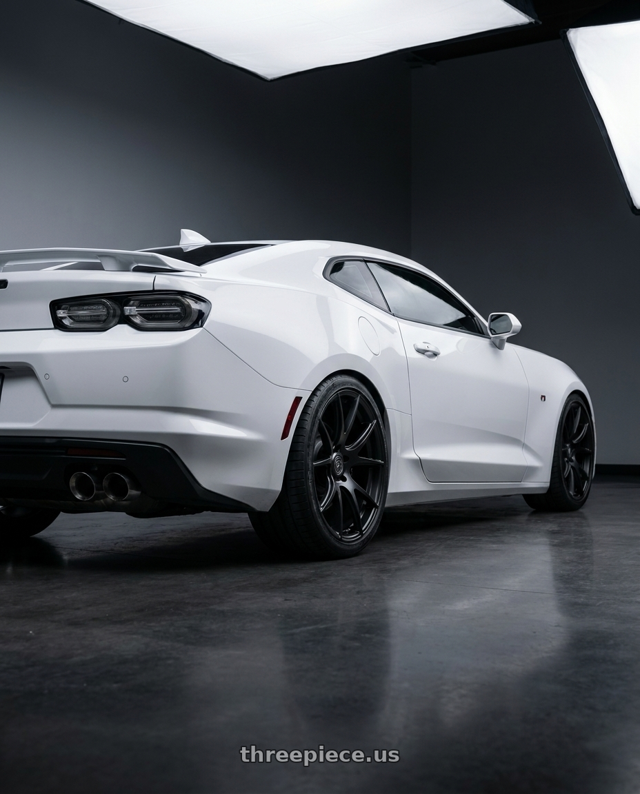 2022 Chevrolet Camaro with Forgestar CF5V 5x120 20x9 +38 Satin Black wheels rear three quarter view square tires