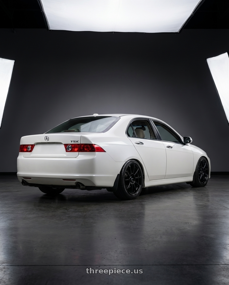 2005 Acura tax with Enkei PX-10 5x114.3 17x7.5+40 Gloss Black wheels rear three quarter view square tires