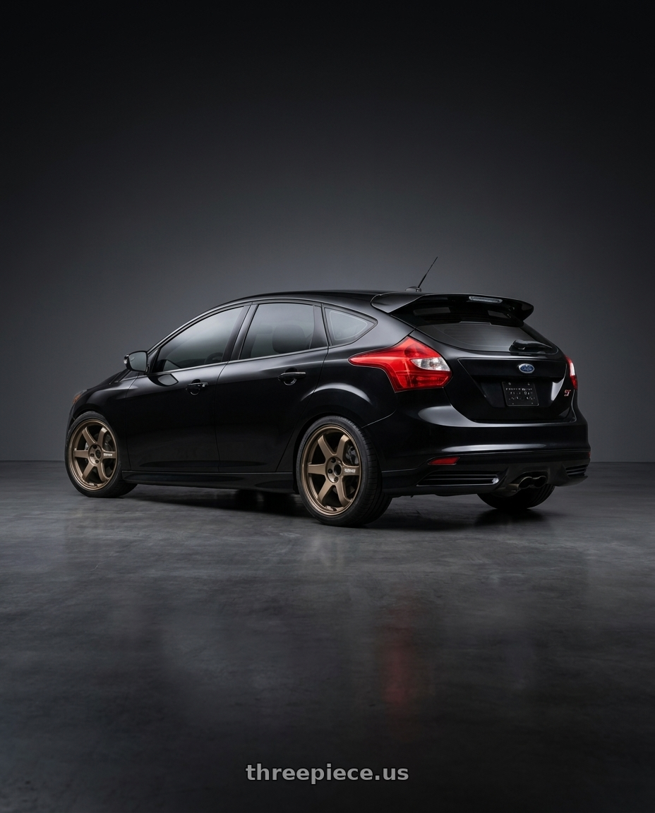2013 black ford focus st with Volk Racing TE37 Ultra M Spec 5x112 19x9.5+23 19x10.5+35 Bronze Almite Toyota Supra MK5 Spec wheels rear three quarter view square tires