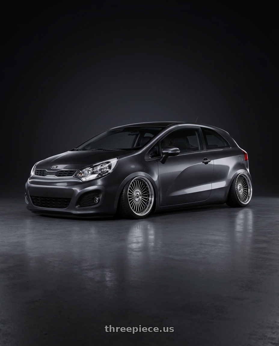 2013 Kia Rio 3 with Work Emitz Black Polish 5x108 19x12.5 +0 wheels rear three quarter view extreme stretch tires