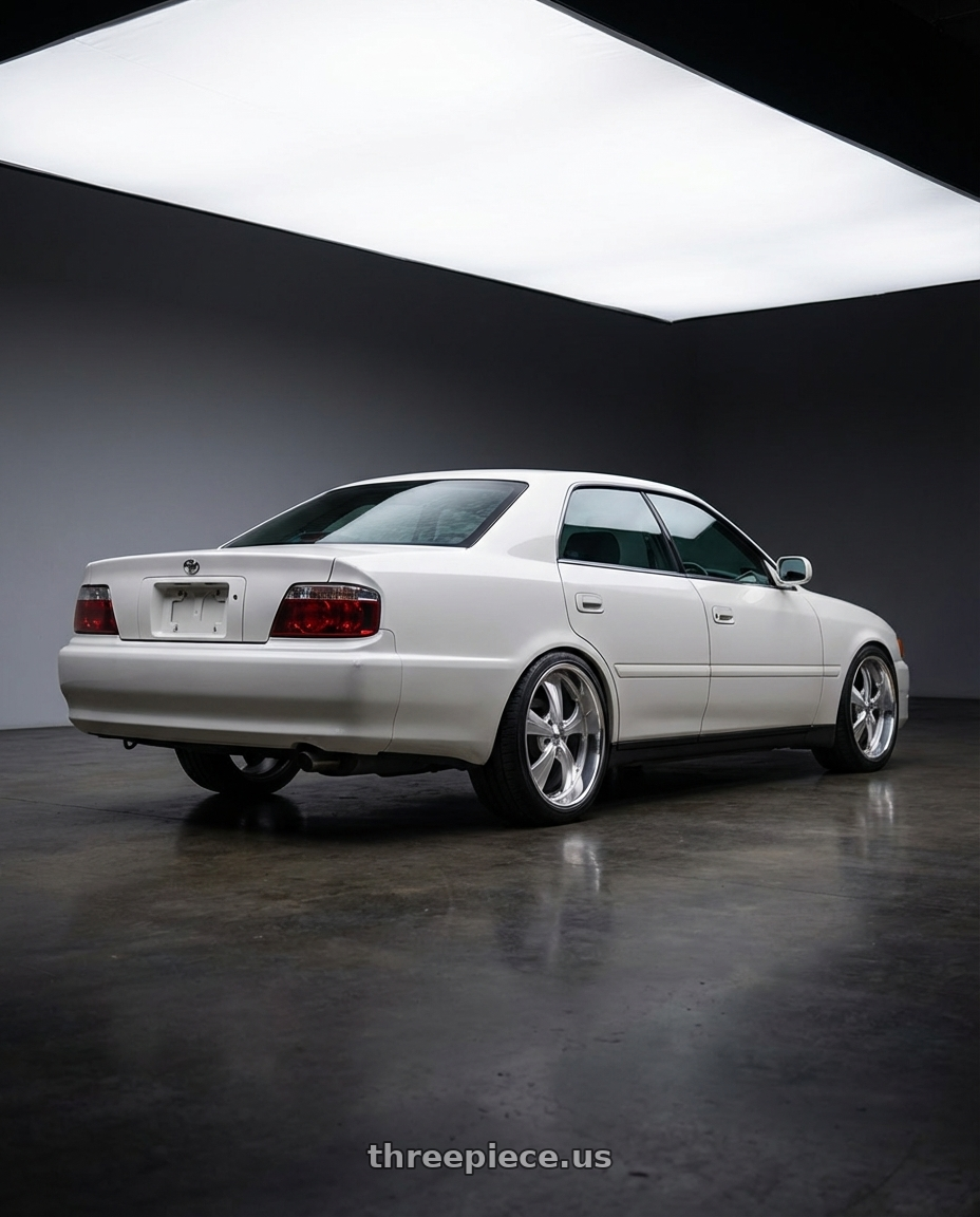 1999 Toyota Chaser Tourer GP with Strada Street Classics Old Skool 5x115 24x10 +15 Brushed Face Silver Milled SS Lip wheels rear three quarter view square tires